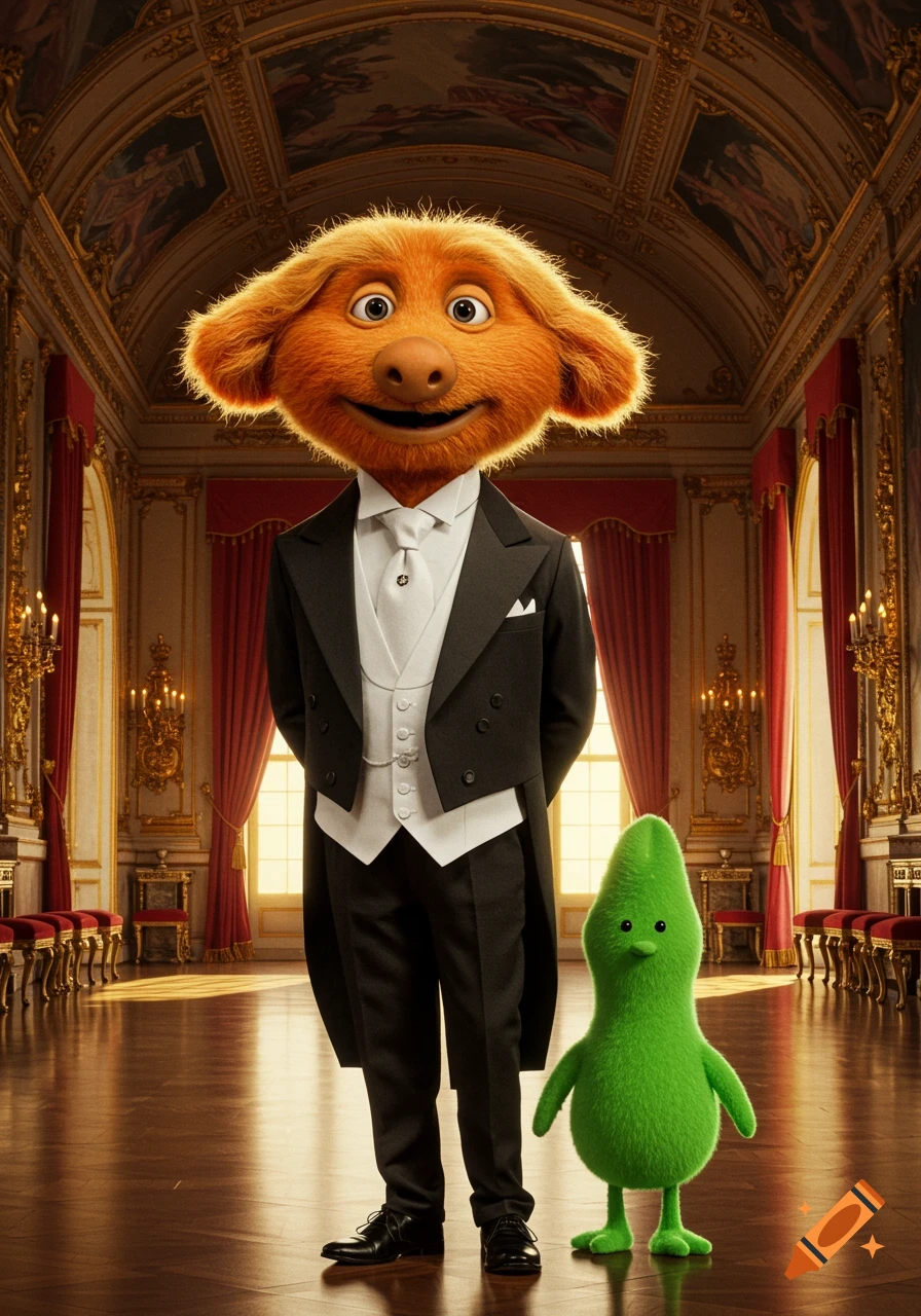 An orange furry creature in a black tuxedo stands next to a small green blob creature in a grand palace ballroom.
