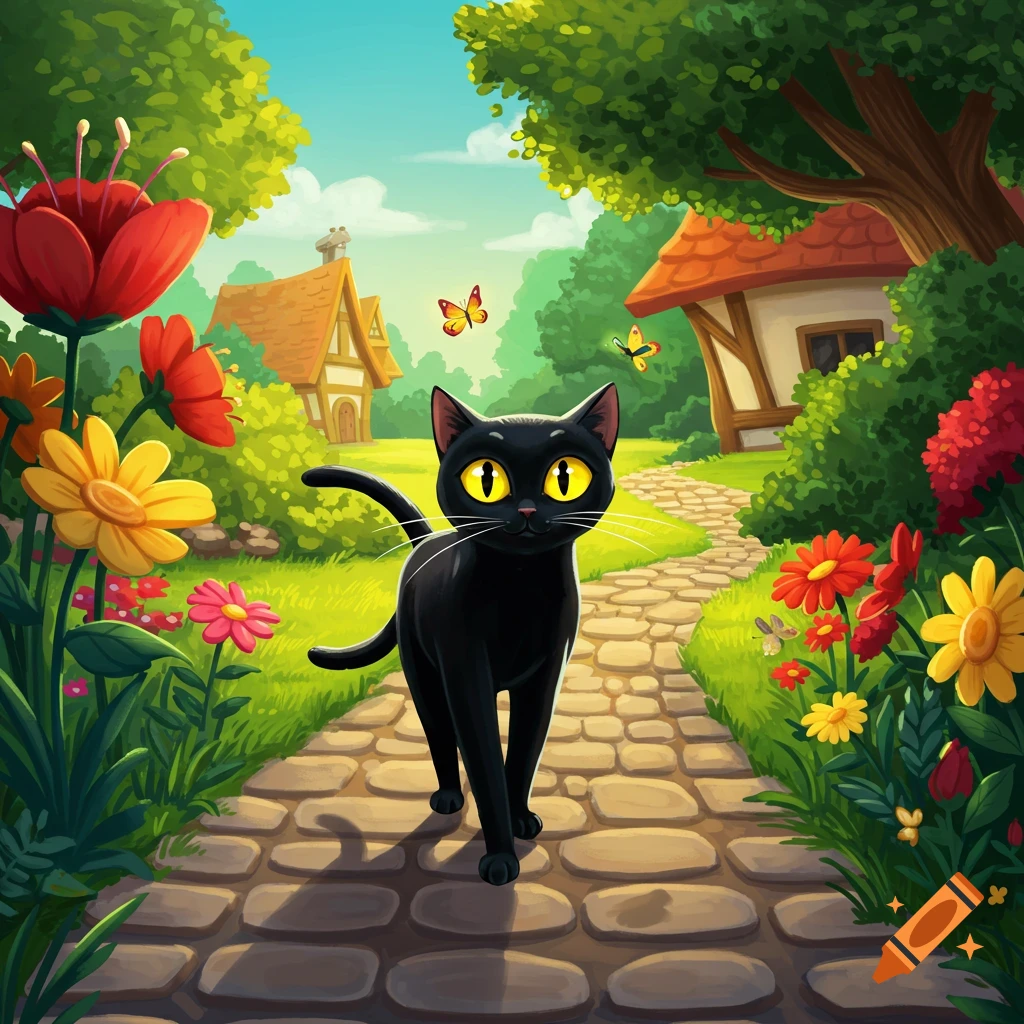 A black cartoon cat with yellow eyes walks on a stone path through a colorful, whimsical landscape with flowers and houses.