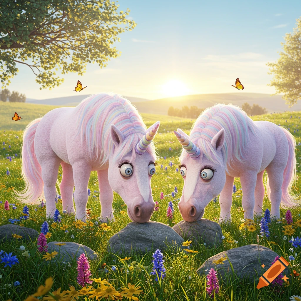Two pink derpy unicorns with rainbow manes look wide-eyed at rocks in a sunny, wildflower meadow. Butterflies fly nearby.