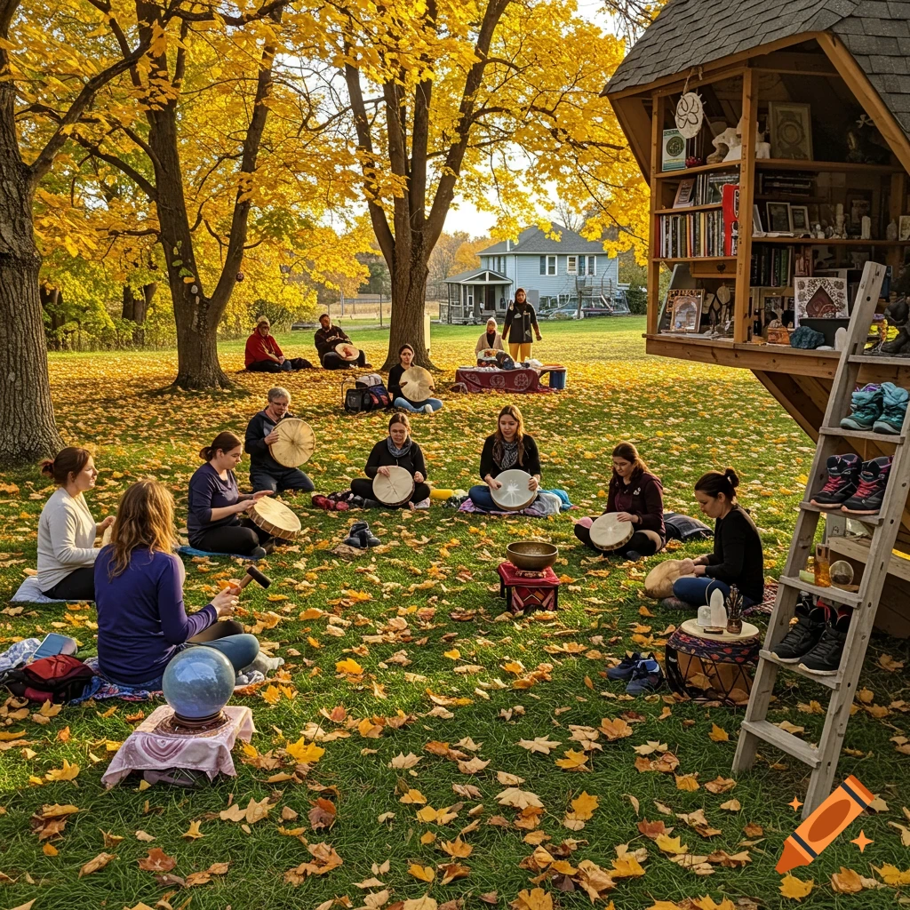 A group of people sitting on green grass covered in golden autumn leaves, some holding drums or singing bowls, gathered around a small, mystical wooden structure filled with books and items.