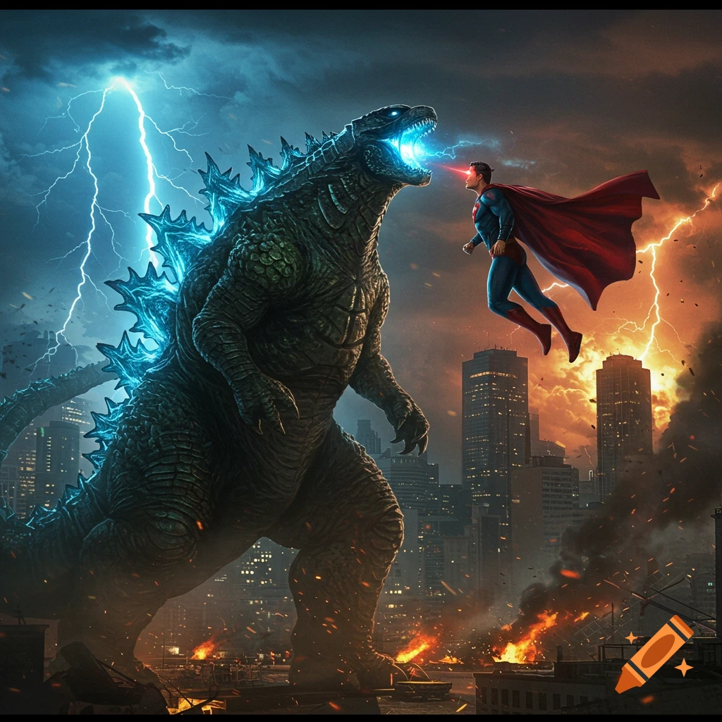 Godzilla battles Superman in a destroyed city under a stormy sky with lightning. Superman uses heat vision as Godzilla roars.