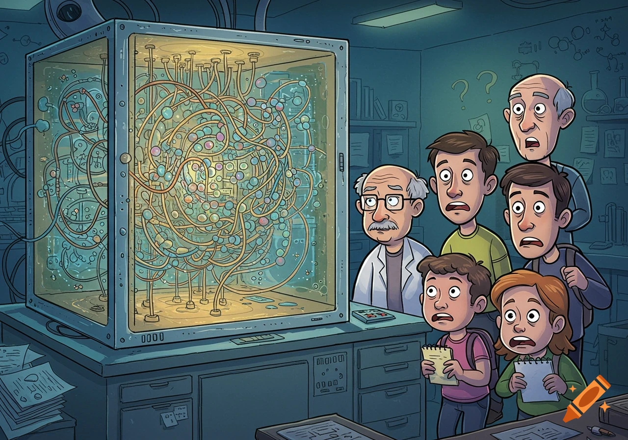 A group of scientists and children with wide-eyed, puzzled expressions look at a complex, glowing quantum computer in a cartoon style.