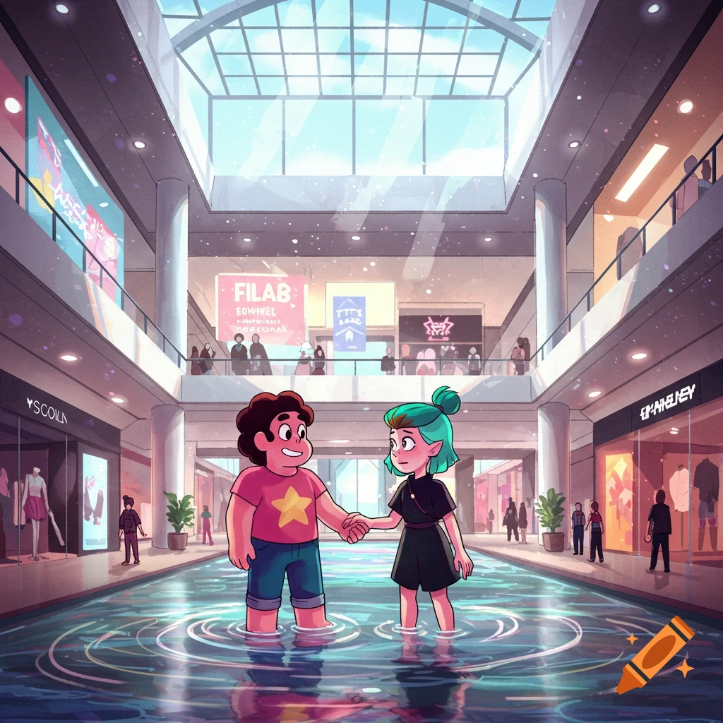 Cartoon characters Steven Universe and Amity Blight hold hands in a shallow pool of water inside a brightly lit shopping mall.