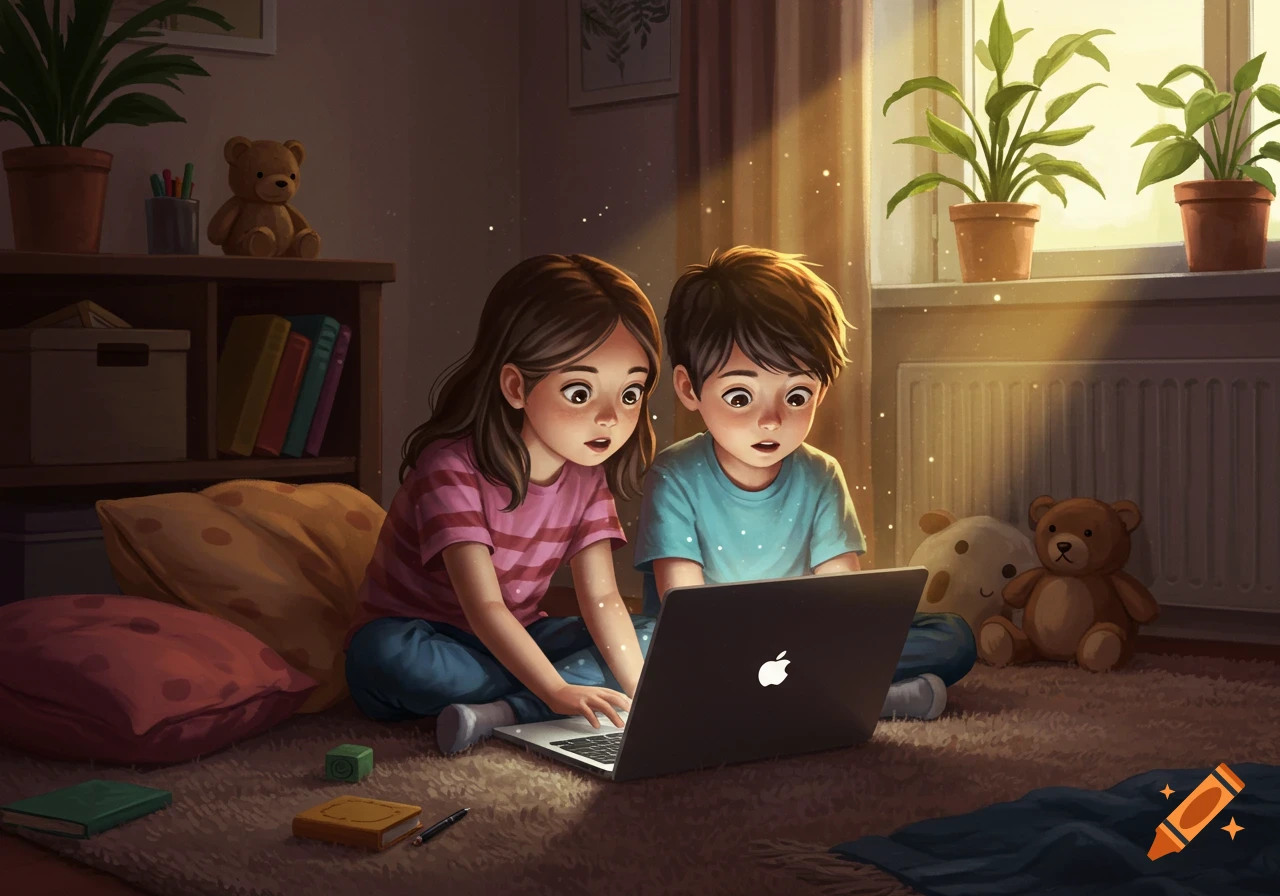 Two cartoon children with wide eyes sit on a rug, intently looking at a laptop screen in a warm, dimly lit room.