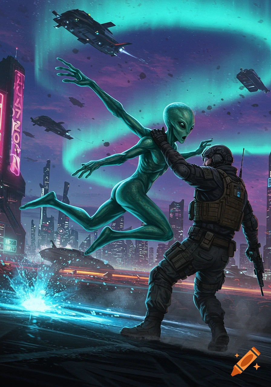 A human soldier grapples a lean green alien in a neon-lit futuristic city with spaceships under an aurora sky, sci-fi illustration.