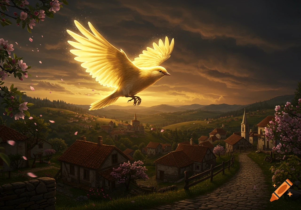 A glowing golden bird with spread wings flies over a picturesque village nestled in hills at a dramatic sunset.