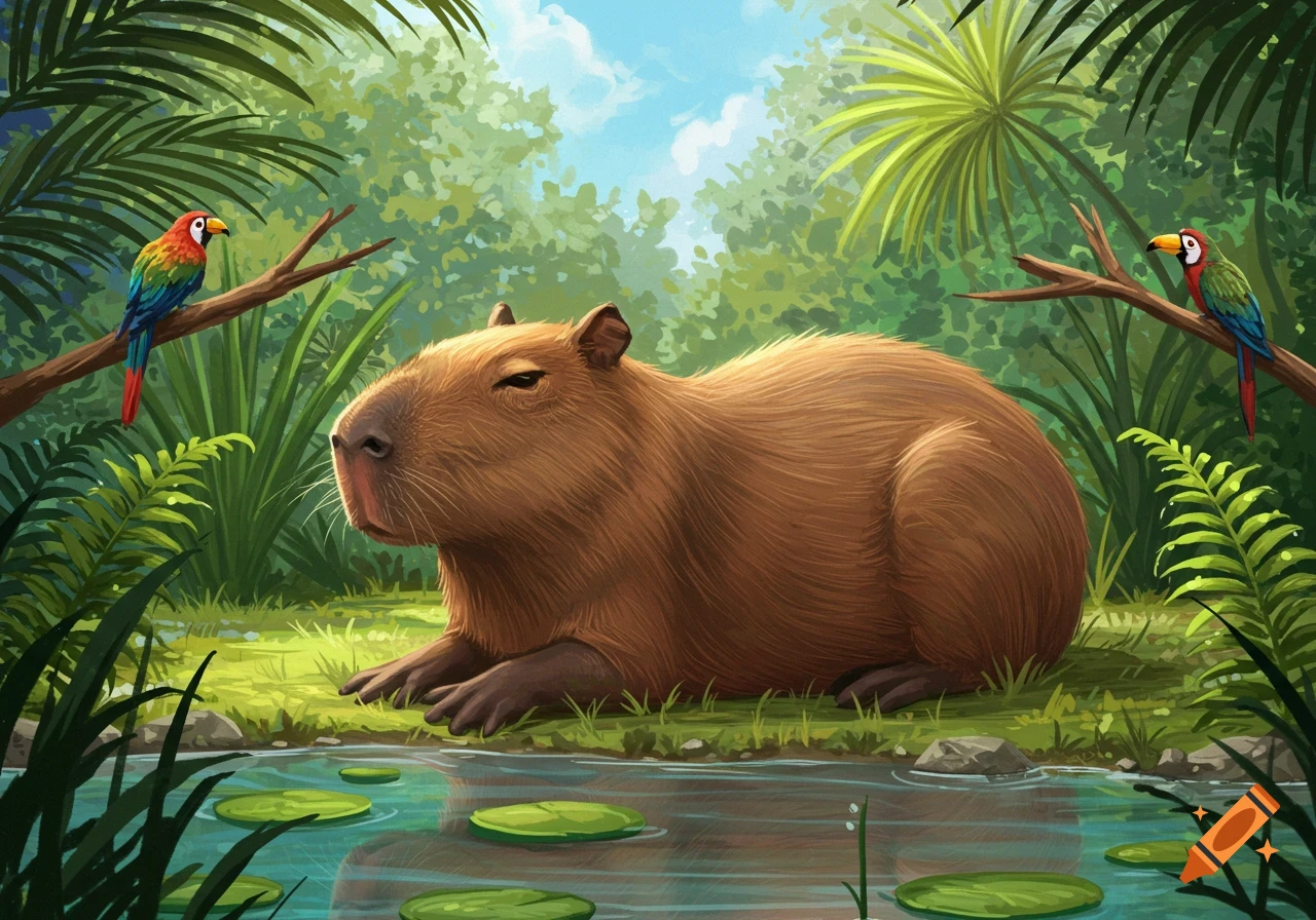 Digital illustration of a capybara resting by a pond with colorful parrots in a lush jungle.