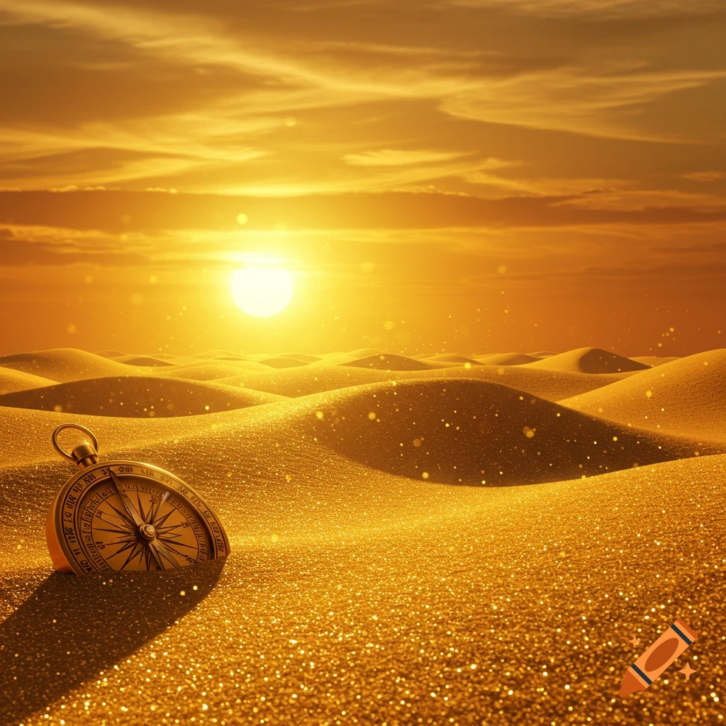 A gleaming brass compass partially buried in shimmering golden sand dunes under a bright golden sunset with a large sun and sparkling particles in the air.