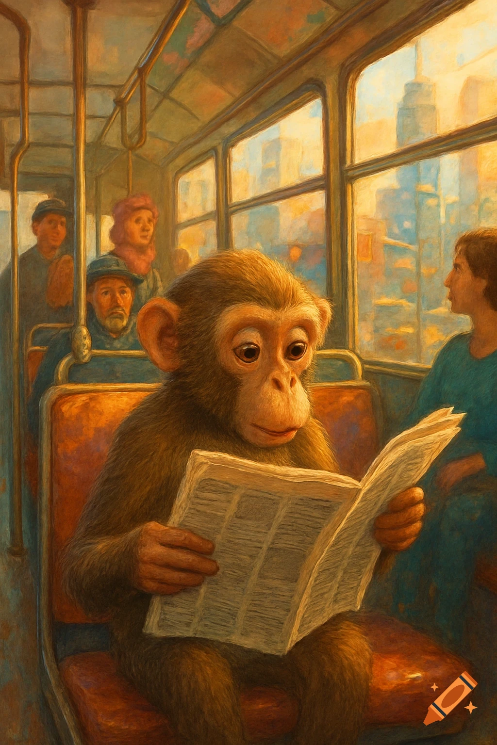 A painting of a monkey in a brown coat reading a newspaper on a bus, with other stylized passengers and a city visible through the windows.