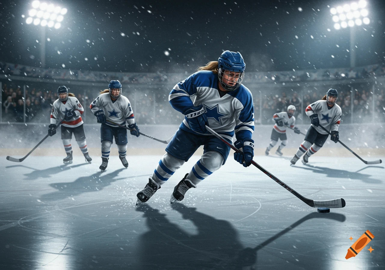 A female hockey player skates with a puck on an icy rink, surrounded by teammates and falling snow, under bright stadium lights.
