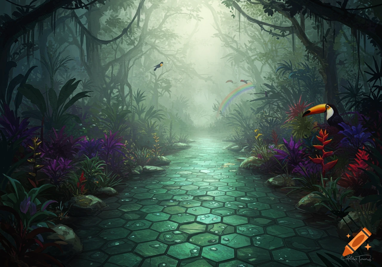 Vibrant stylized jungle path with glowing hexagonal tiles, toucans, colorful plants, and a misty canopy.