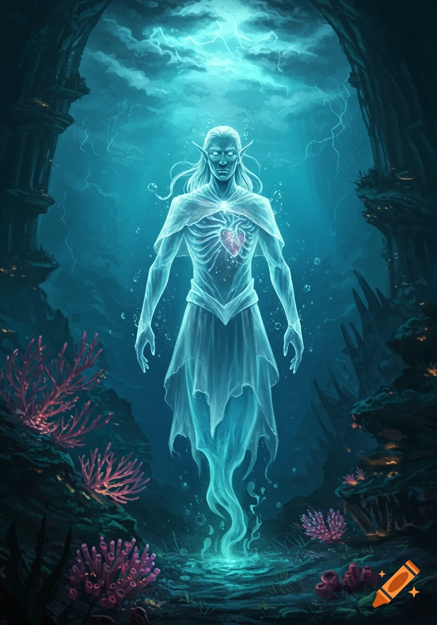 A translucent, ghost-like elf with a glowing red heart and visible ribs floats in a dark underwater cavern among coral, with light shining from above.