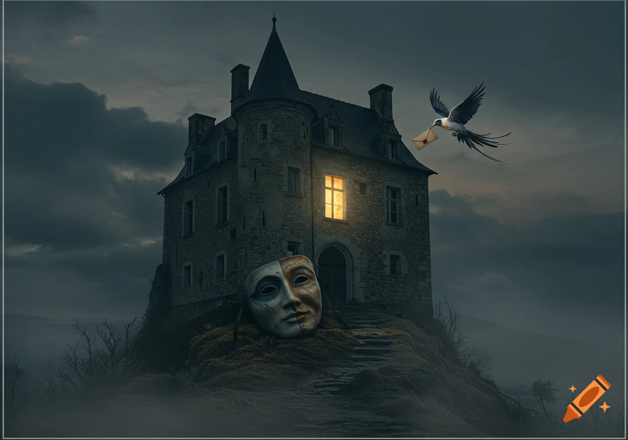 A gothic castle on a misty hill at dusk, with a two-faced mask at its entrance and a bird carrying a letter flying towards a glowing window.