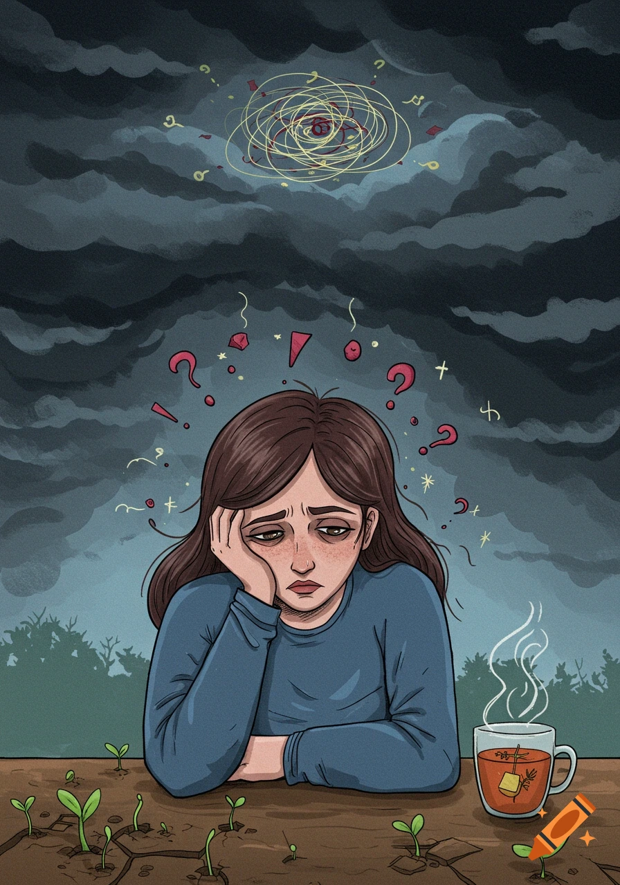 An emotional doodle of a distressed woman with dark clouds and chaotic symbols over her head, surrounded by small plants and a cup of tea.