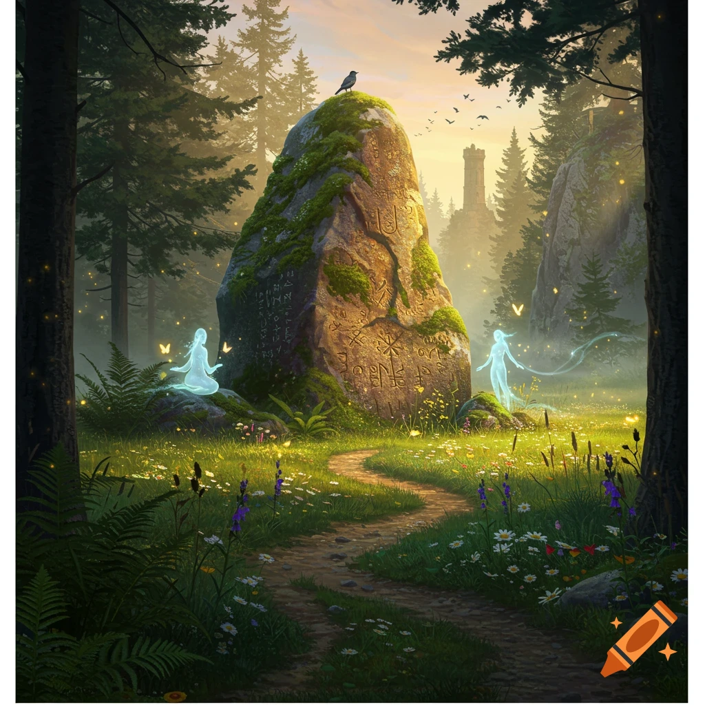 A magical forest path leads to a large runic boulder with two glowing ethereal figures, bathed in a golden light.