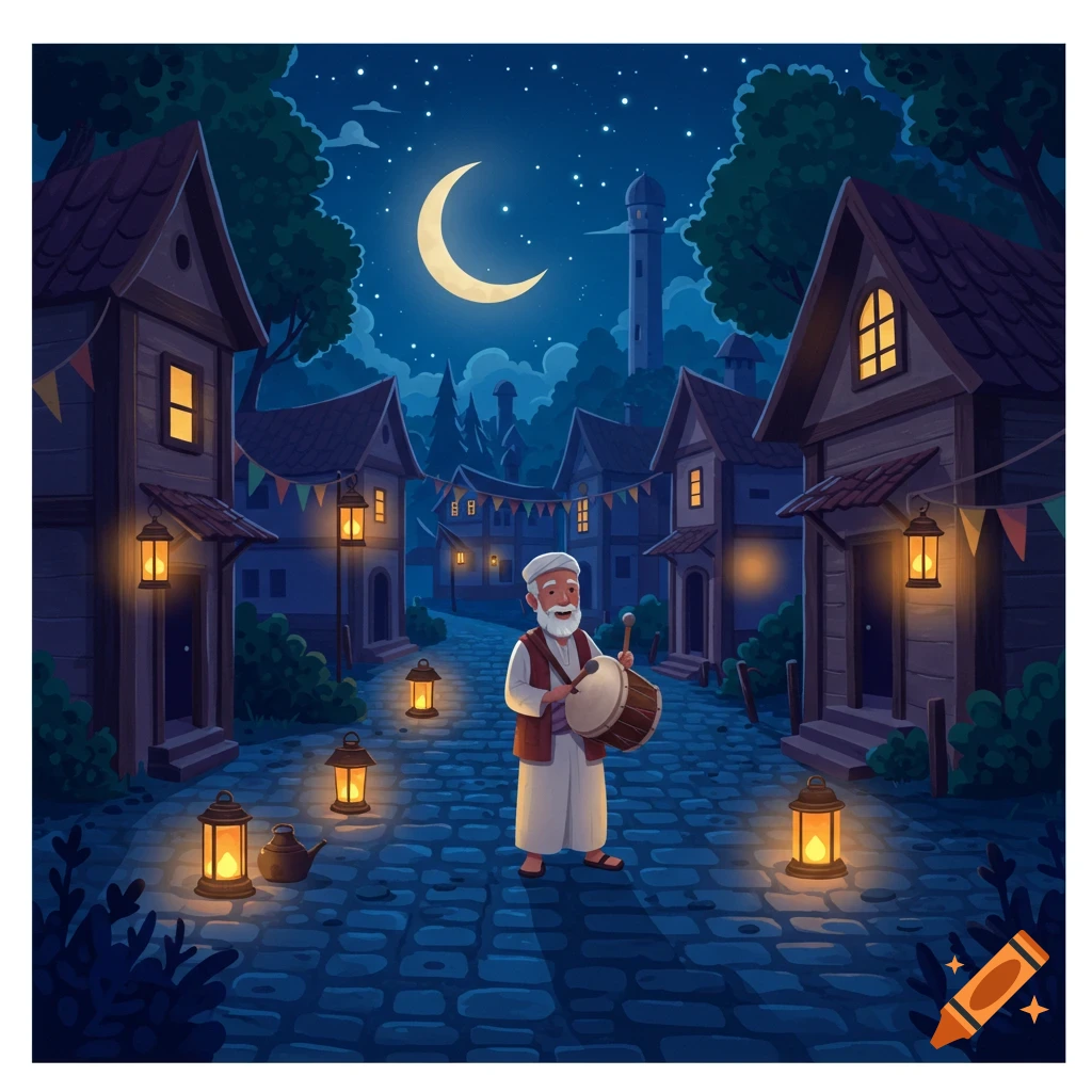 An illustrated old man plays a drum on a cobblestone village street at night, lit by lanterns and a crescent moon.
