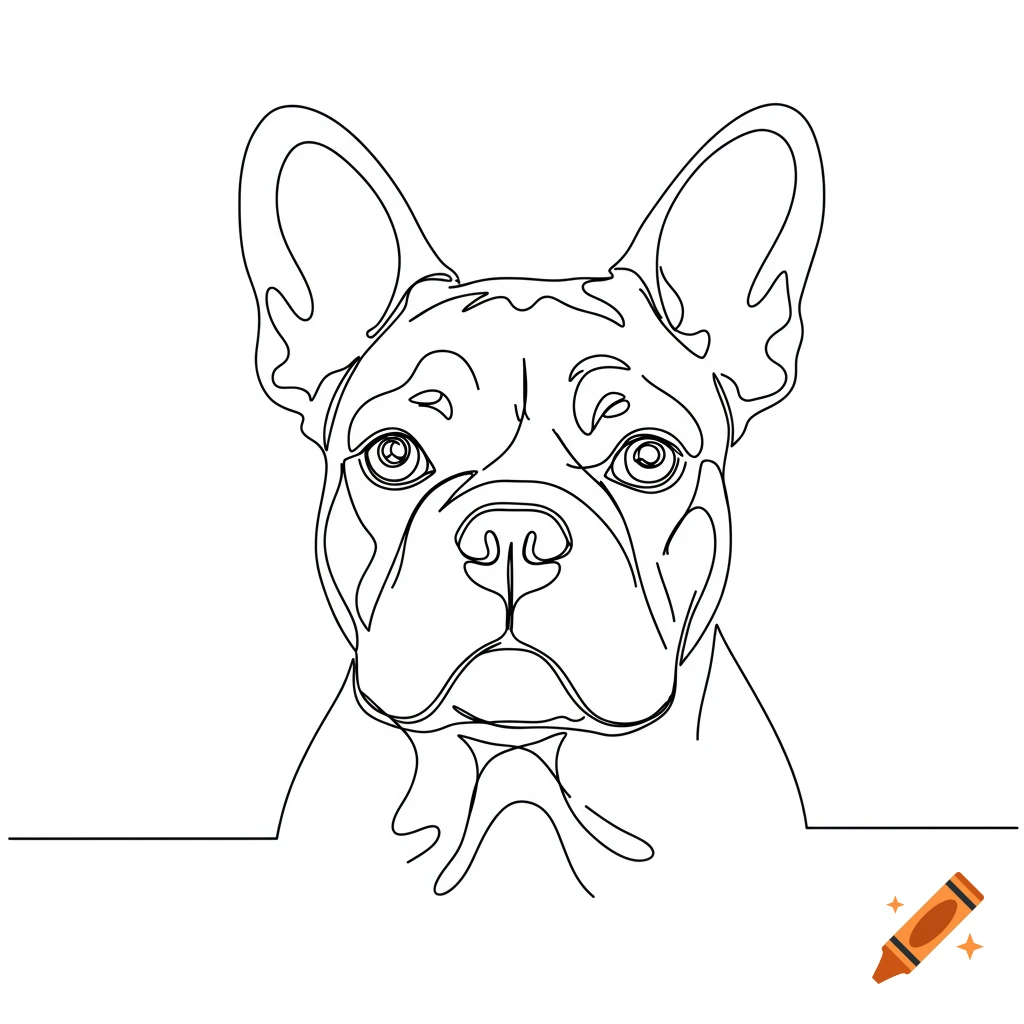 A minimalist one-line drawing of a French Bulldog's face in black and white.