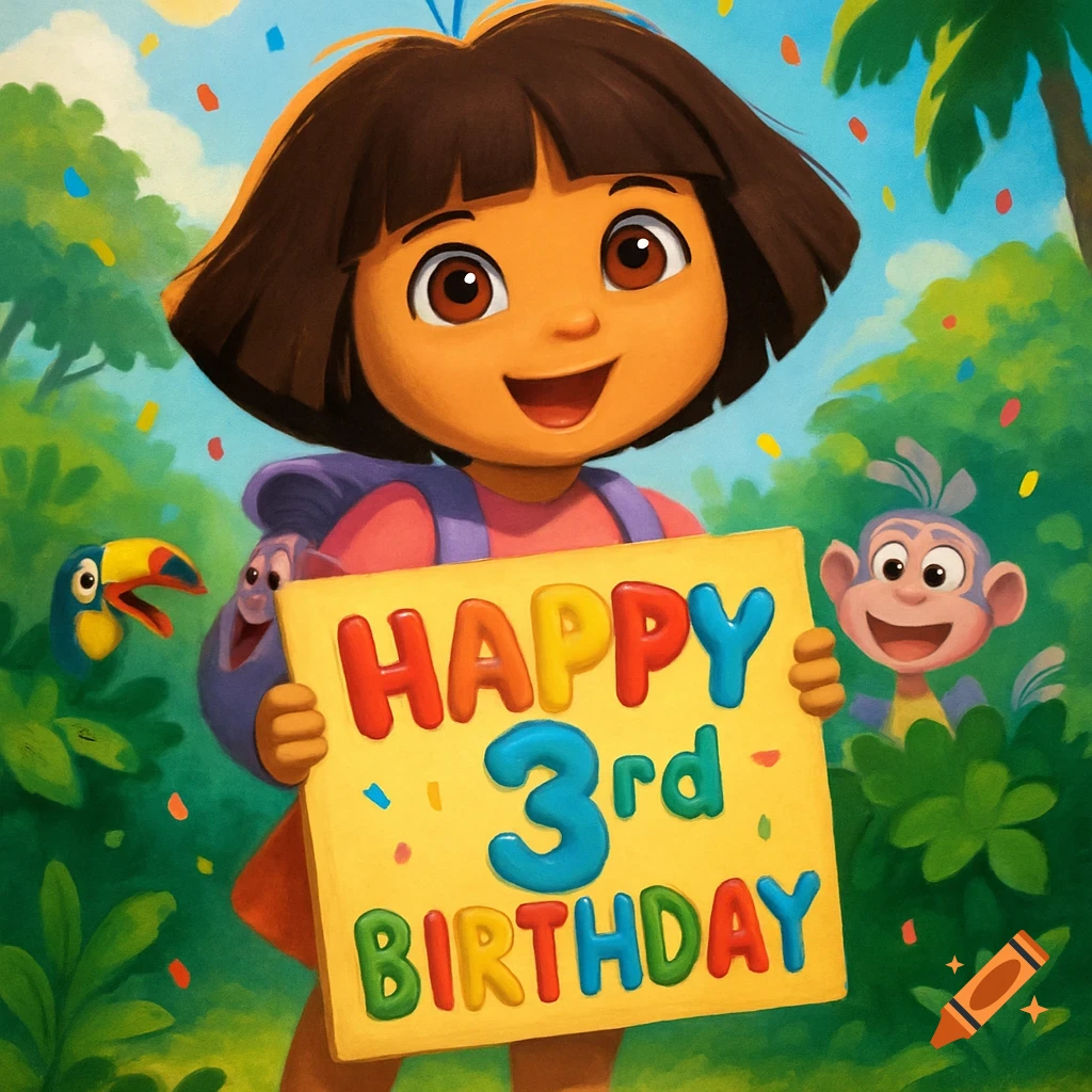 Vibrant cartoon of Dora the Explorer holding a 'HAPPY 3rd BIRTHDAY' sign, with Boots the monkey and a toucan in a jungle.