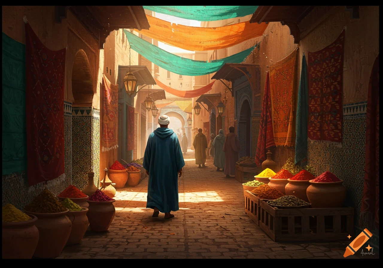 A man in a blue robe walks through a vibrant, sunlit market street filled with stalls of colorful spices and hanging textiles, with other figures in the distance.