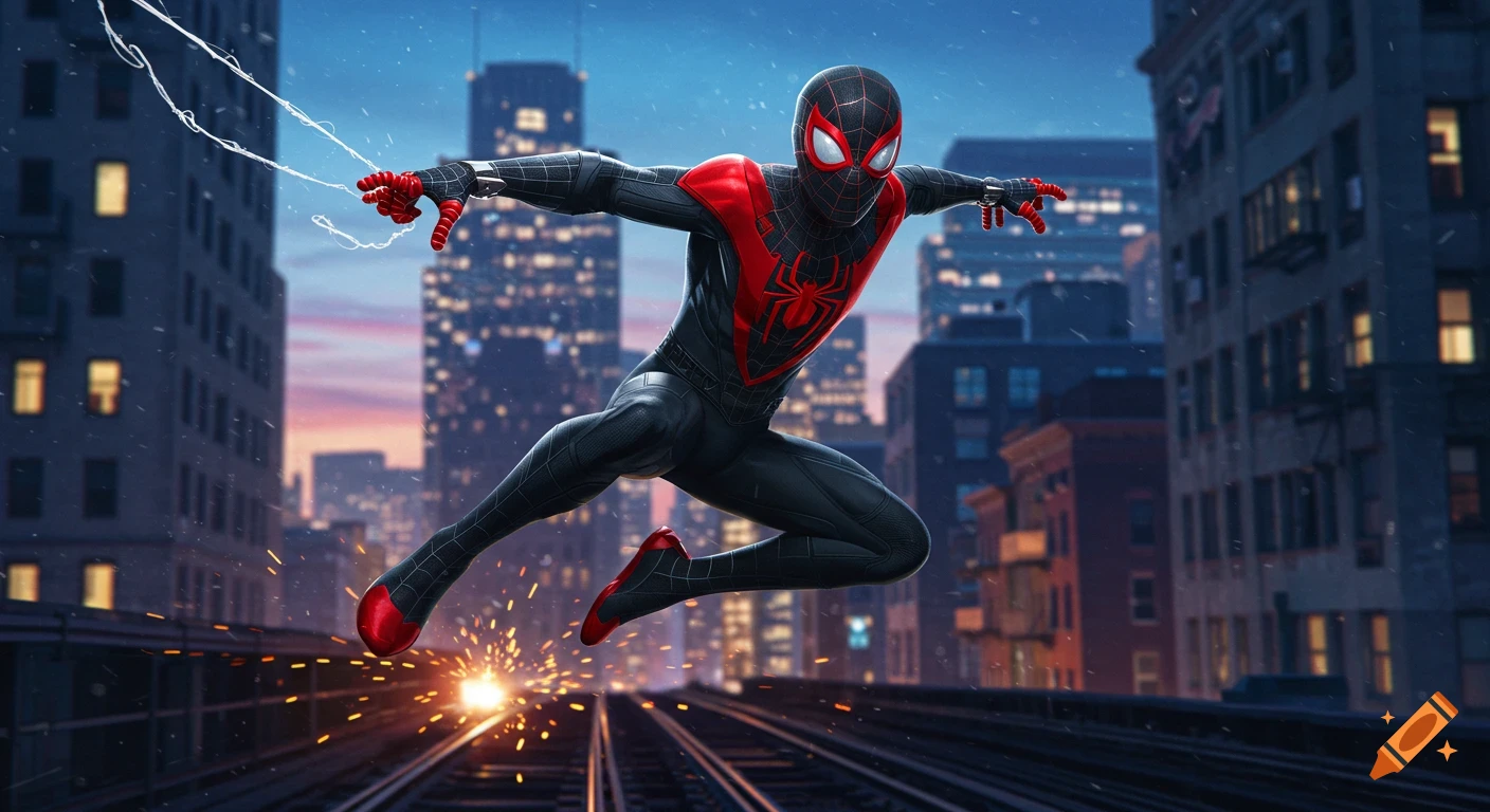 Miles Morales as Spider-Man leaps dynamically over subway tracks in a detailed, vibrant city at dusk, digital art style.