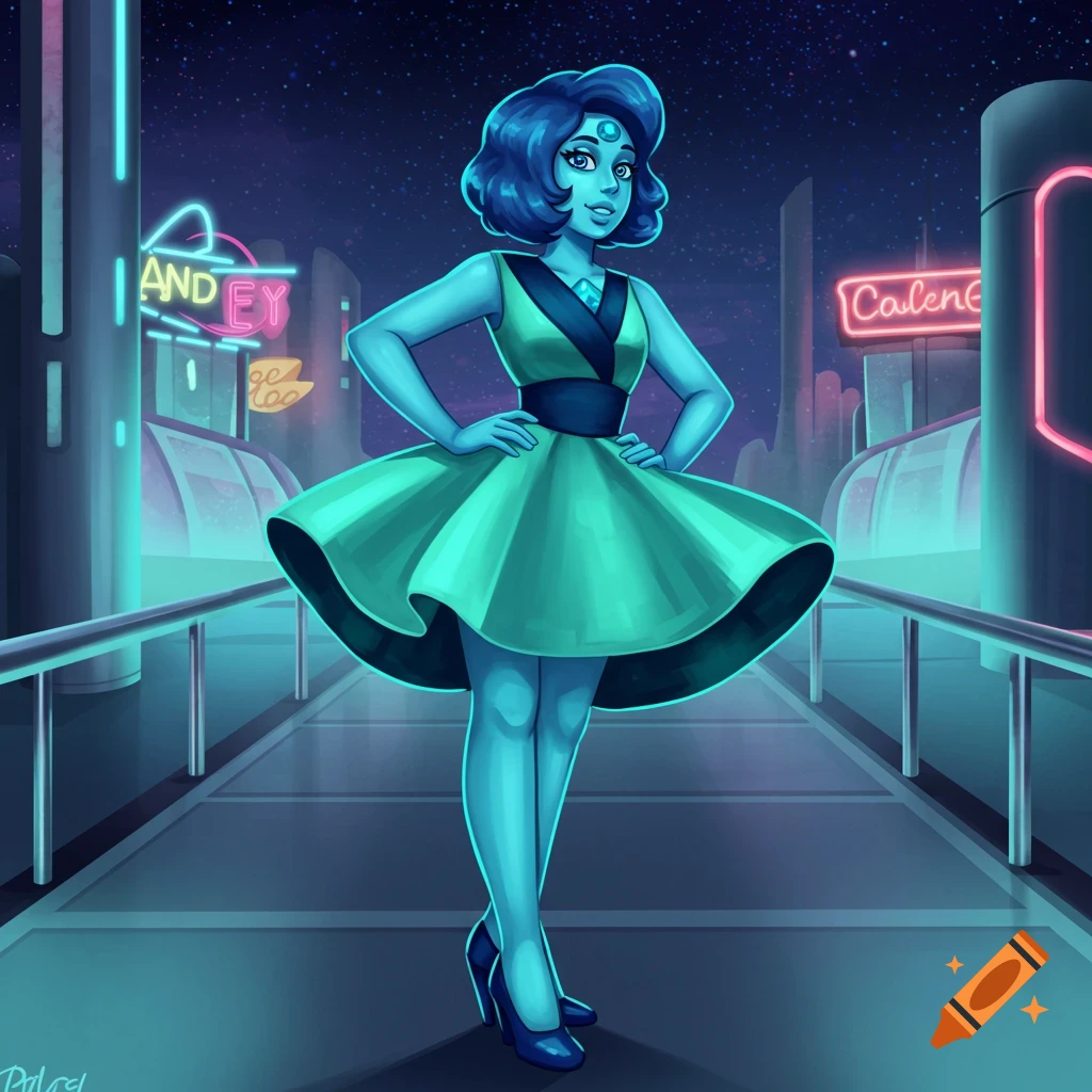 A blue-skinned character with blue hair in a green dress stands on a platform in a futuristic neon city at night.