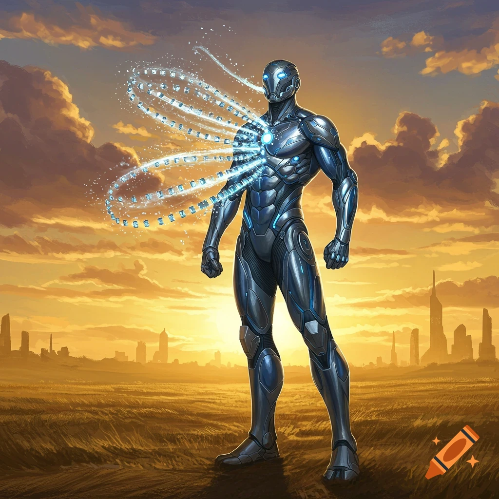 A metallic blue armored superhero stands in a field at sunset, emitting glowing energy cubes from his chest, with a futuristic city in the background.