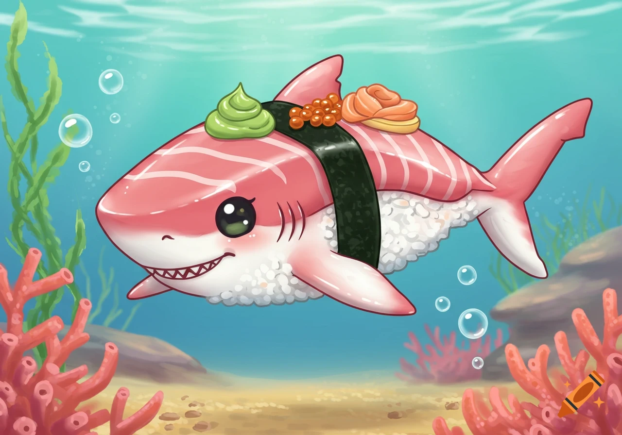 A cute cartoon shark made of sushi, with salmon, roe, and wasabi, swimming in a blue ocean with coral and seaweed.