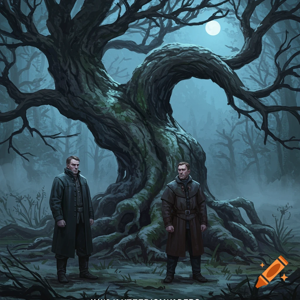 Two men in long coats stand under a large, gnarled tree in a foggy, moonlit forest, in a dark fantasy illustration.