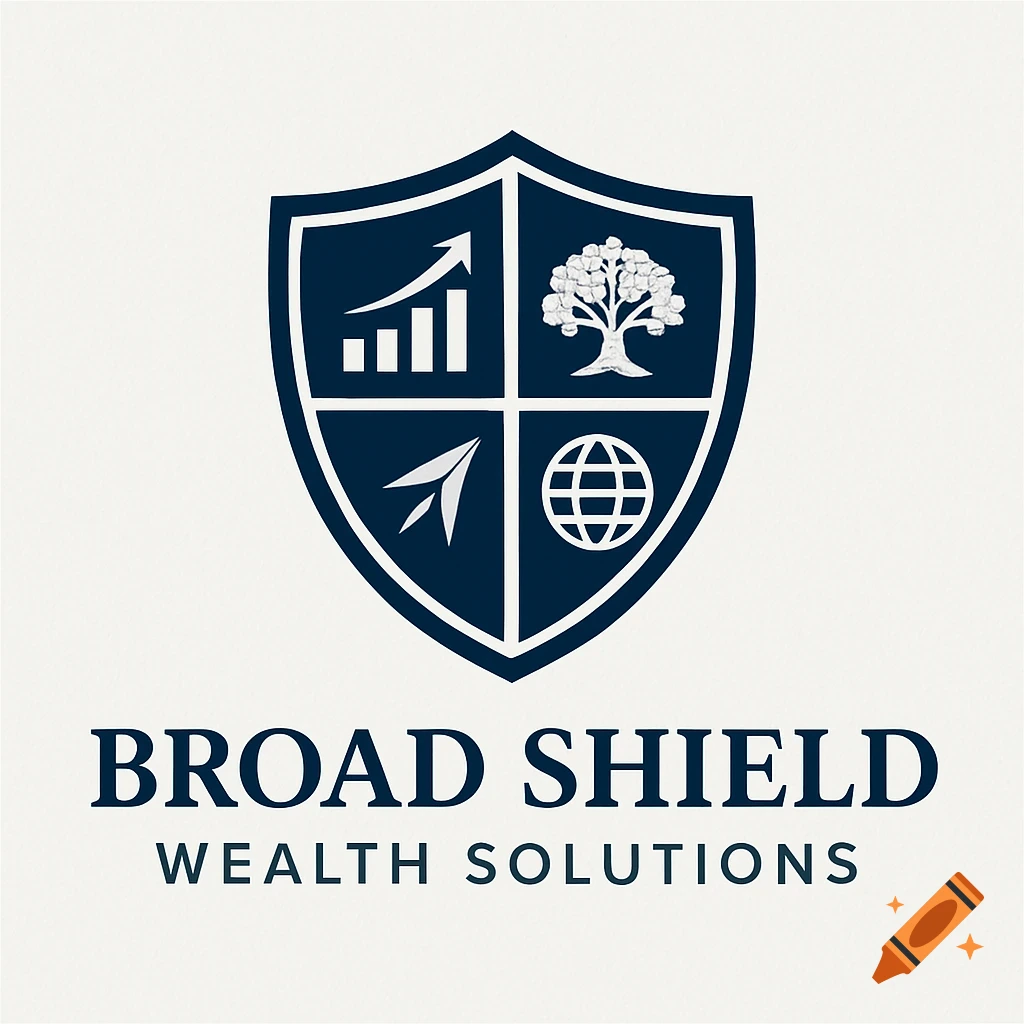 A navy blue corporate logo with a shield containing growth bars, a tree, a paper plane, and a globe, and text 'BROAD SHIELD WEALTH SOLUTIONS'.
