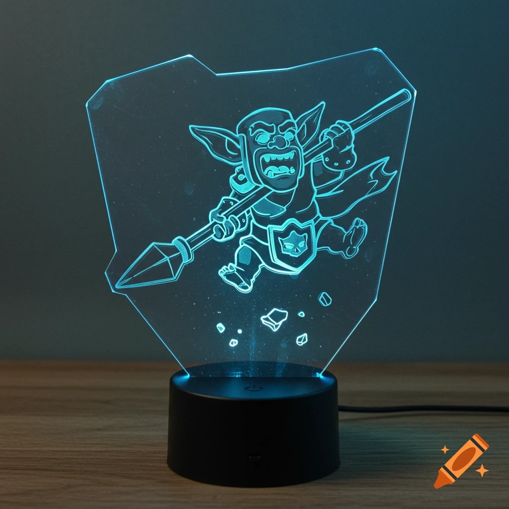 Blue-glowing acrylic LED light depicting a stylized goblin holding a spear, mounted on a black circular base.