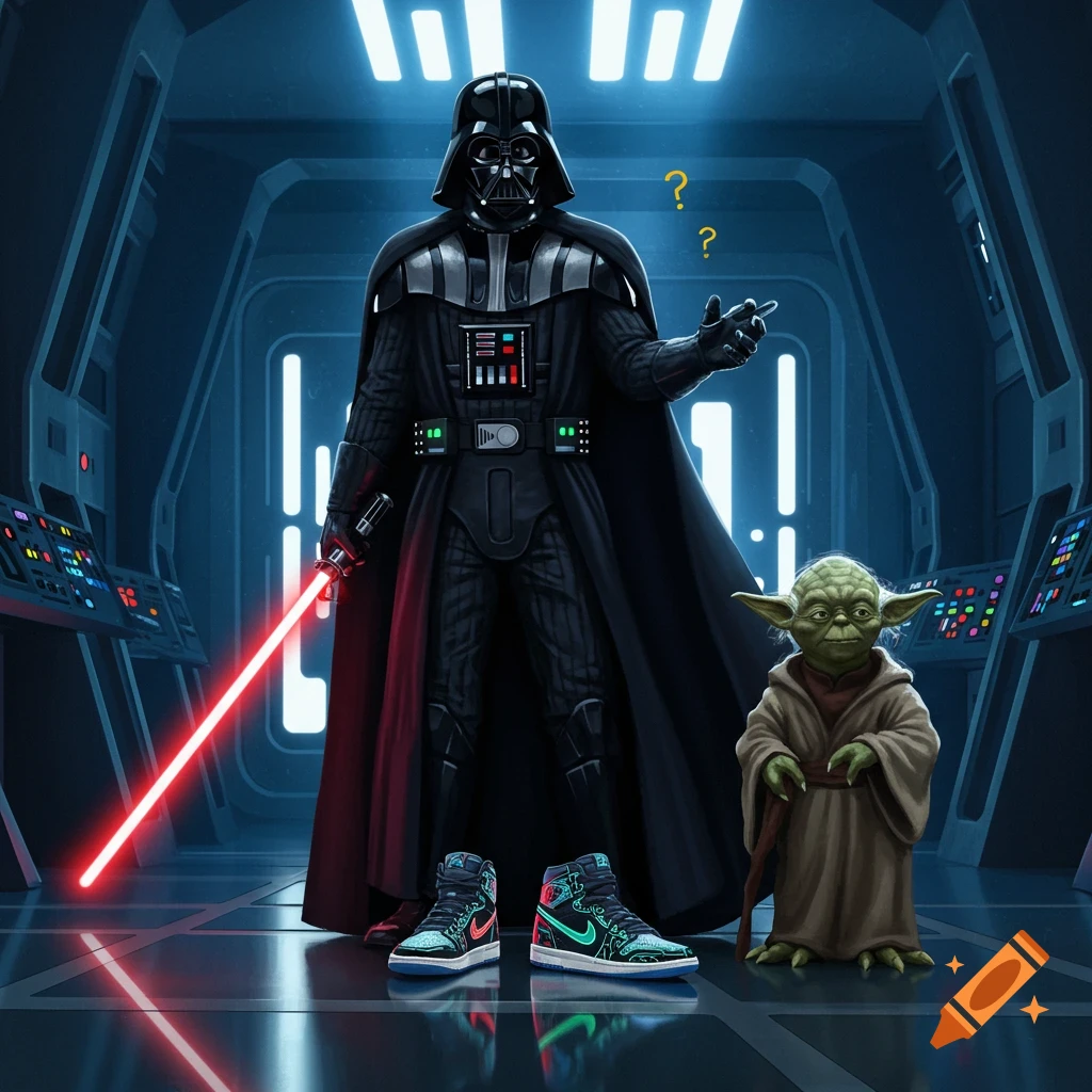 Darth Vader holding a red lightsaber and Yoda standing in a spaceship corridor, looking at glowing sneakers on the floor, with question marks above Vader's head.