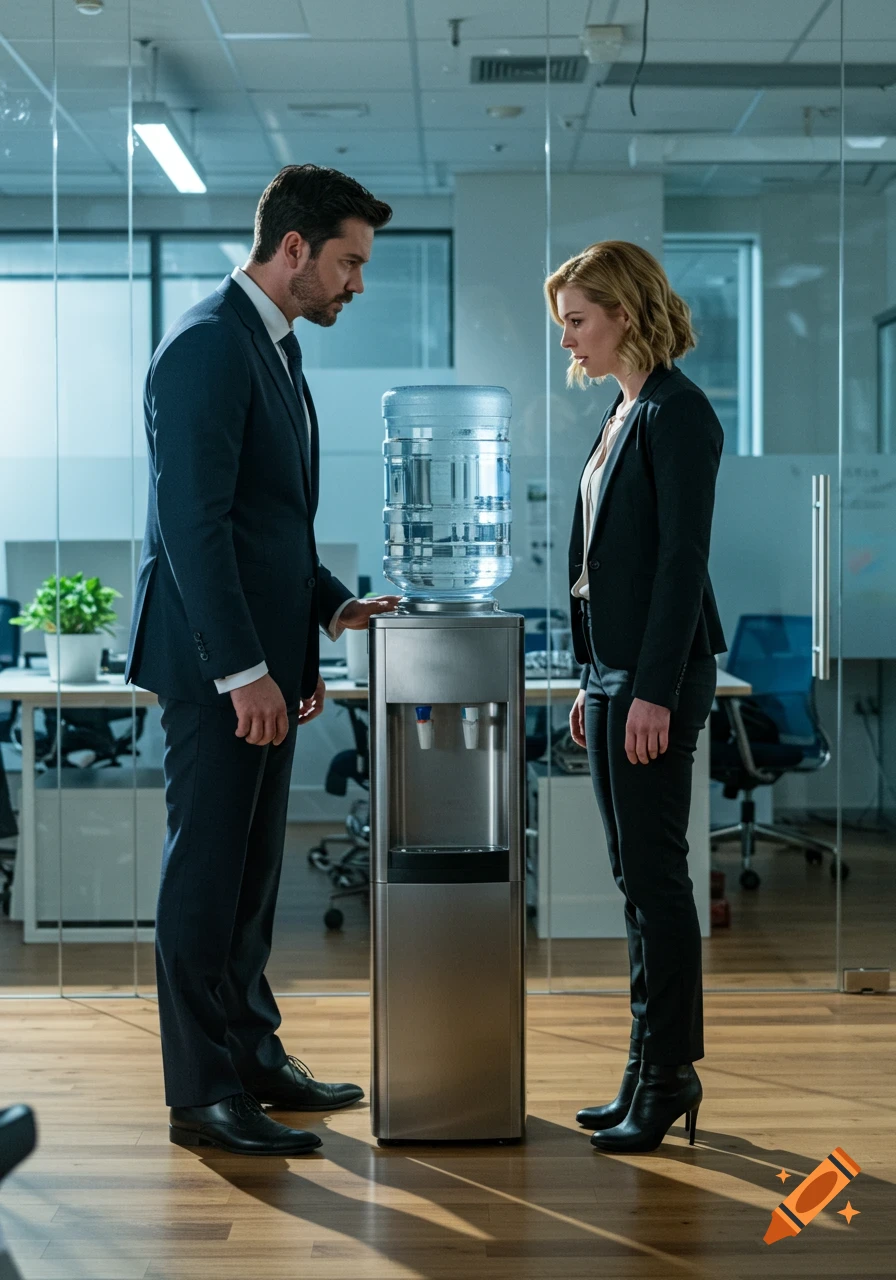 A man and woman in business suits by a water cooler in a modern office, photorealistic.
