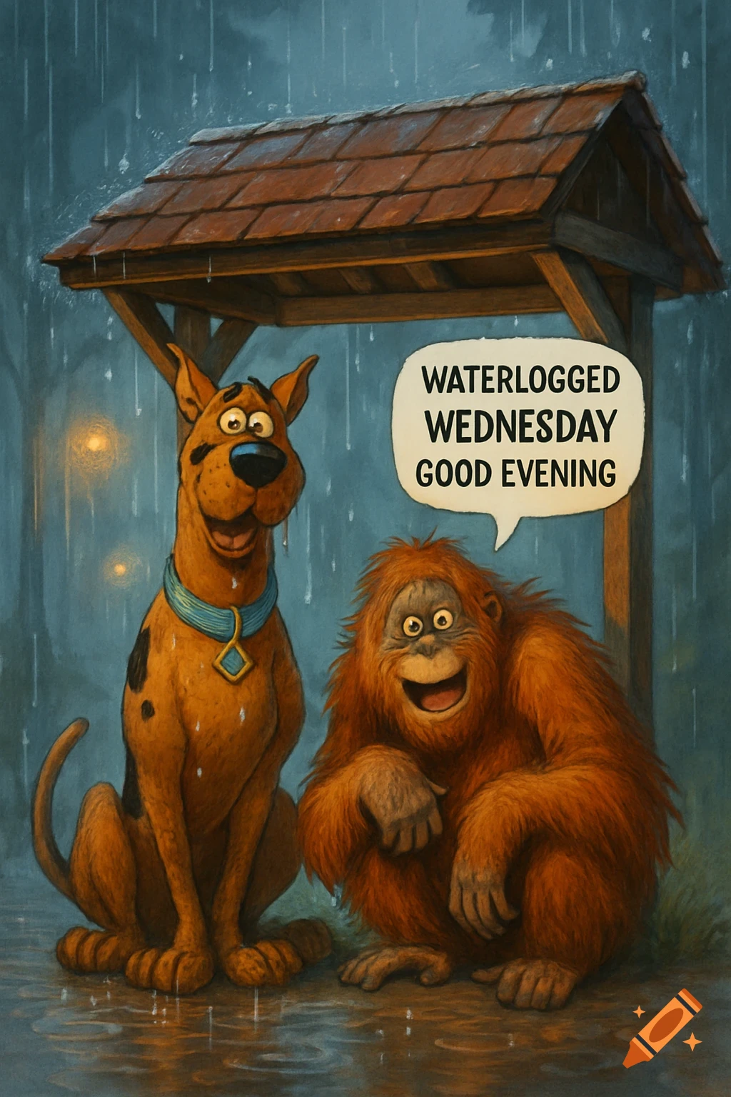 Scooby Doo and an orangutan under a wooden shelter in heavy rain, with a speech bubble saying "Waterlogged Wednesday Good Evening".