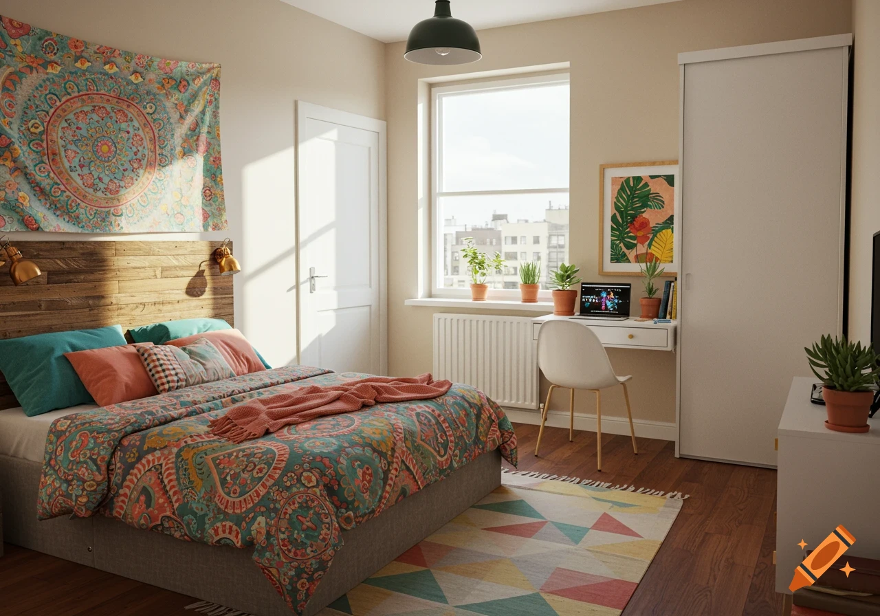 A colorful, photorealistic bedroom featuring a patterned bed, a tapestry, a desk with a laptop and plants, and a geometric rug.
