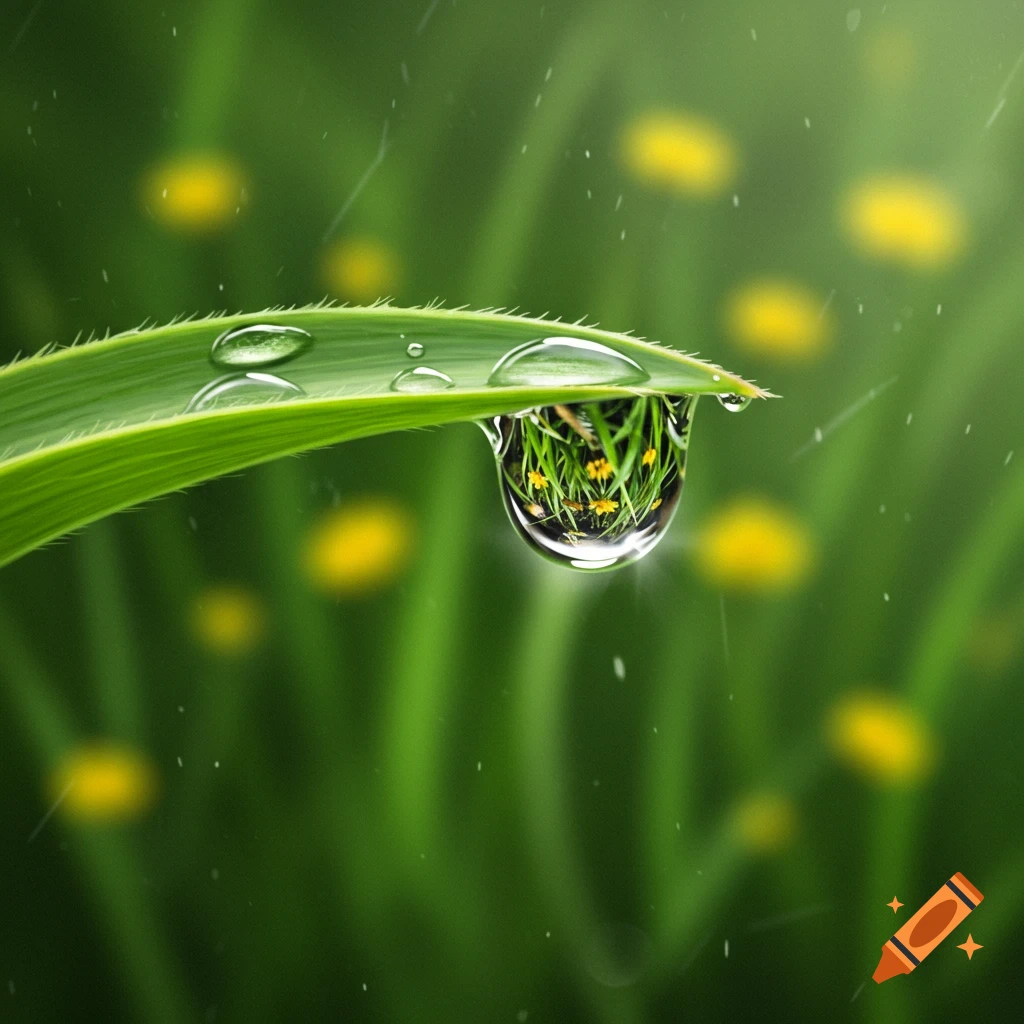 Photorealistic macro shot of a green leaf with a large clear raindrop reflecting green grass and yellow flowers.