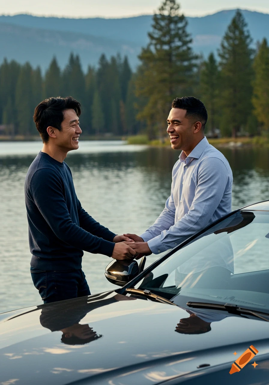 Two smiling men, an Asian man and a Hispanic man, hold hands next to a black car by a lake with mountains and trees in the background.