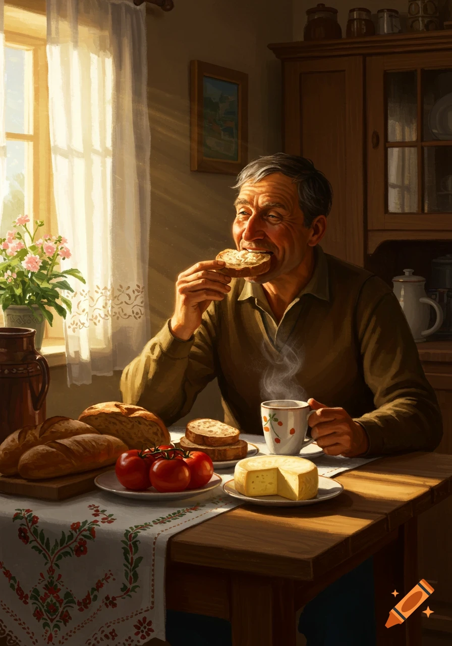 A smiling old man eats breakfast at a sunlit table, with bread, cheese, tomatoes, and a steaming cup in a realistic painting.