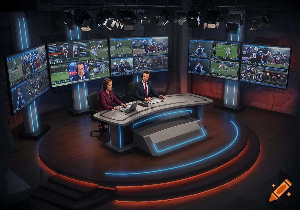 A modern sports broadcasting studio with two presenters at a desk, surrounded by large screens showing sports content.