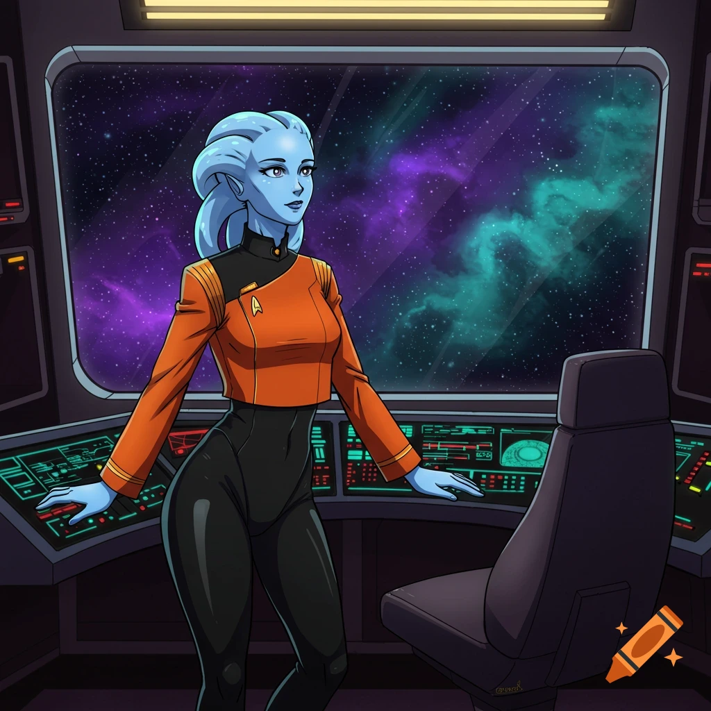 Blue-skinned alien woman in an orange captain's jacket on a spaceship bridge, with a nebula visible outside. Anime style.