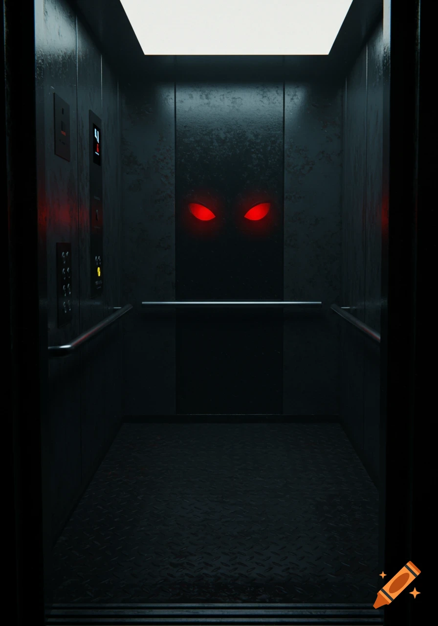 A dark, grungy elevator interior with glowing red eyes appearing on the closed doors, evoking a sense of horror.