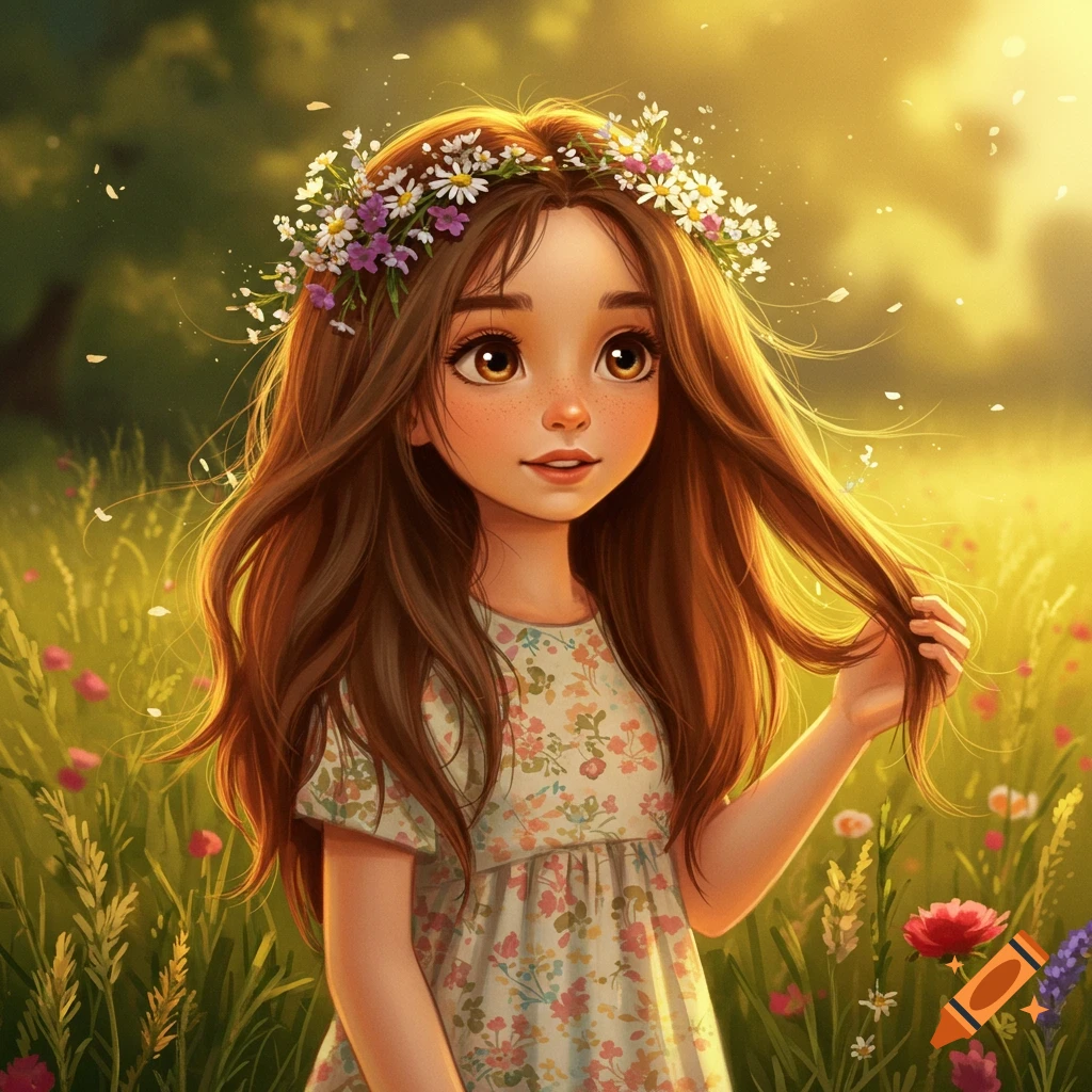 A cute cartoon girl with long brown hair and a flower crown smiles in a sunlit field, touching her hair.