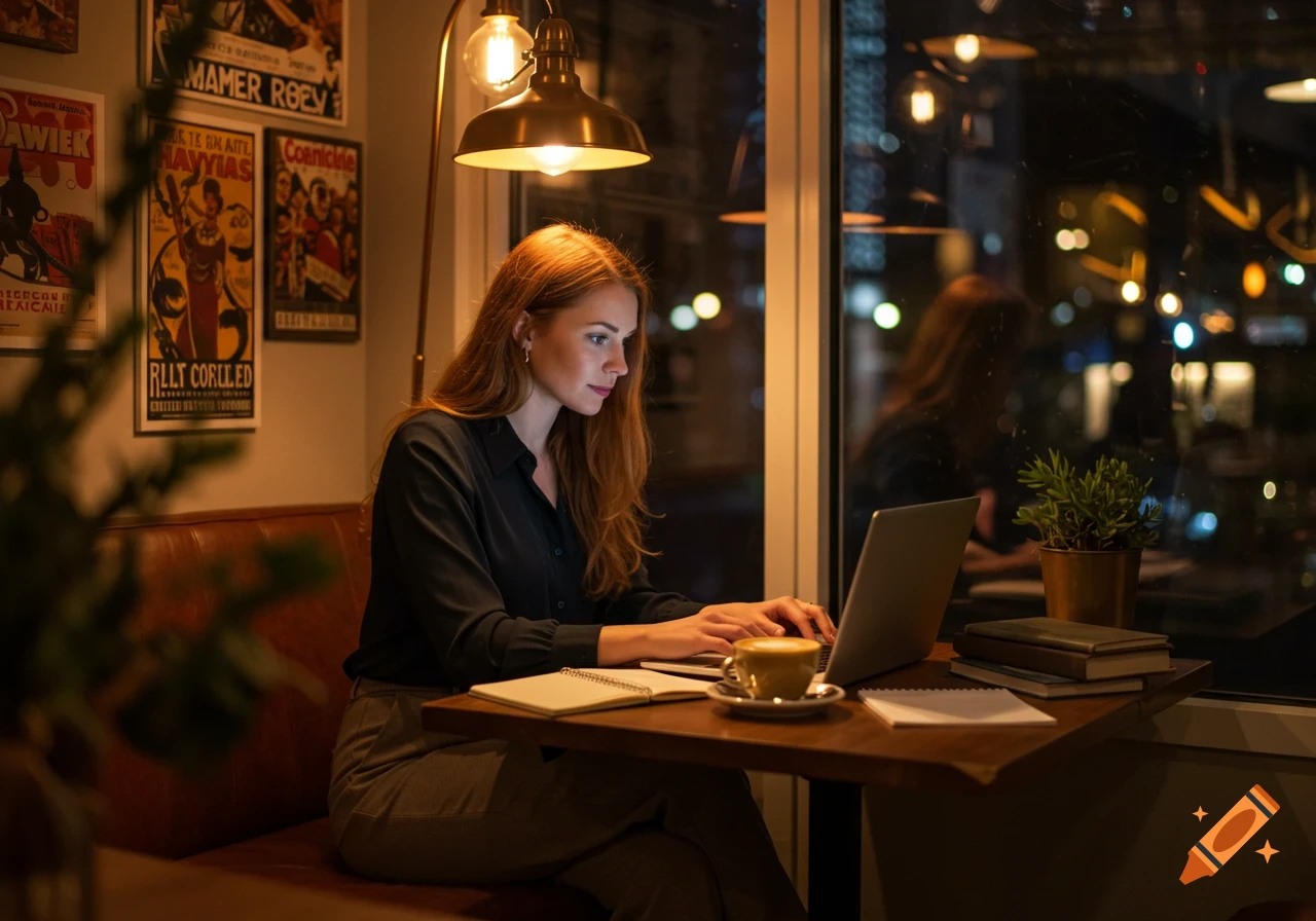 A woman with long red hair working on a laptop in a warm, dimly lit cafe at night, with a coffee cup and books on the table.