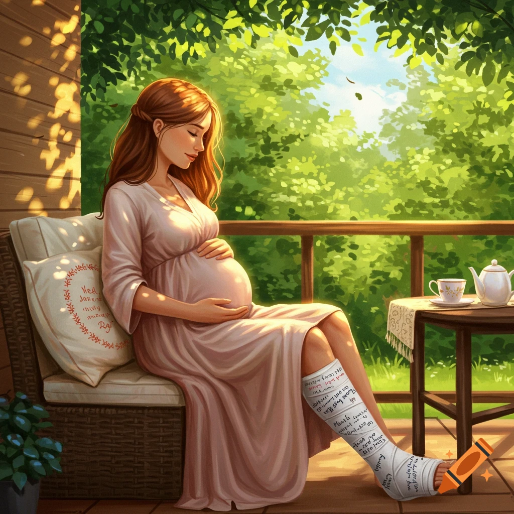 An illustrated pregnant woman with a cast on her leg sits on a porch, hands on her belly, looking down, amidst lush green foliage.