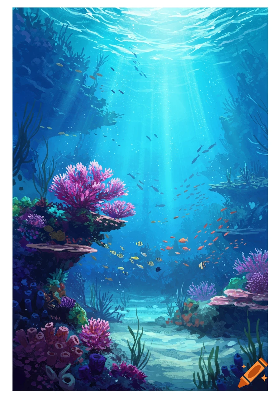 Vibrant illustration of a colorful coral reef teeming with fish under sunlit blue water.