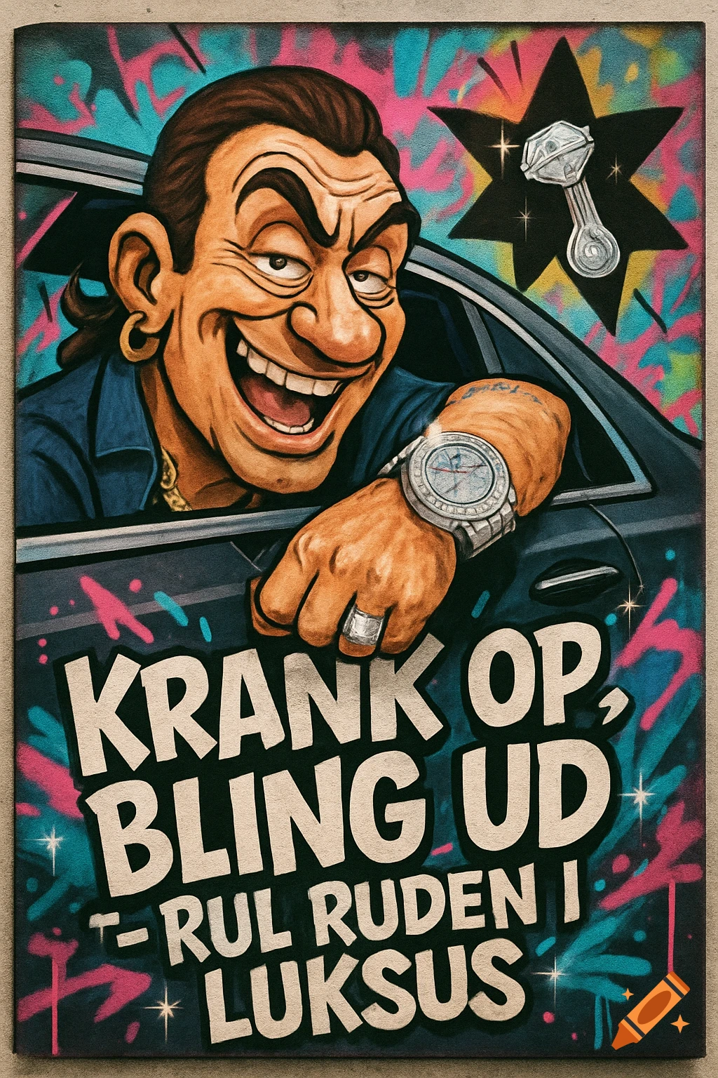 Caricature of a grinning man with gold earring, diamond watch, leaning from a car. Bold text, colorful graffiti, urban poster style.
