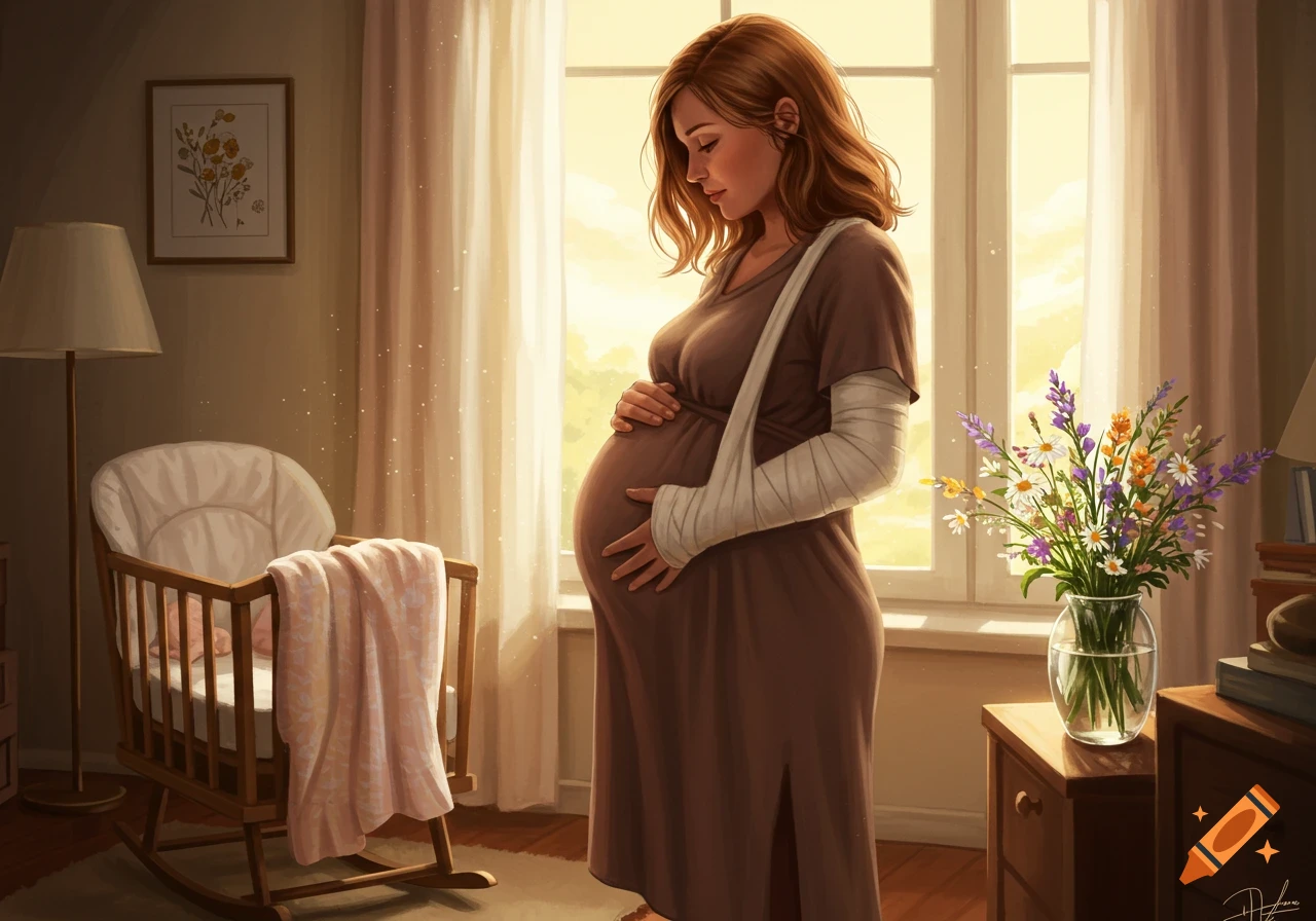An illustrated pregnant woman with a cast on her arm stands by a sunlit window, gently holding her belly, a baby crib to her left.