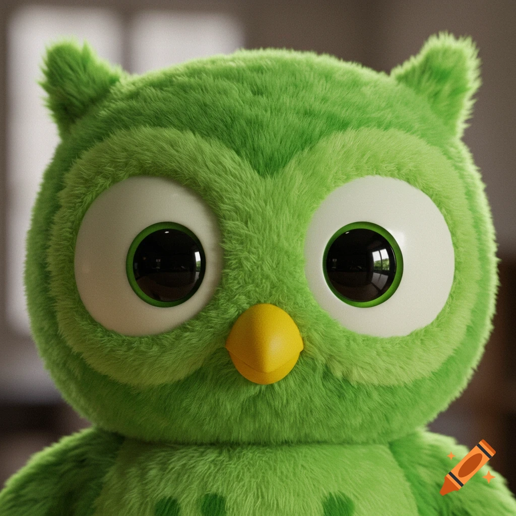 Close-up, photorealistic image of a fluffy green Duolingo owl mascot's head with large white eyes and a yellow beak.