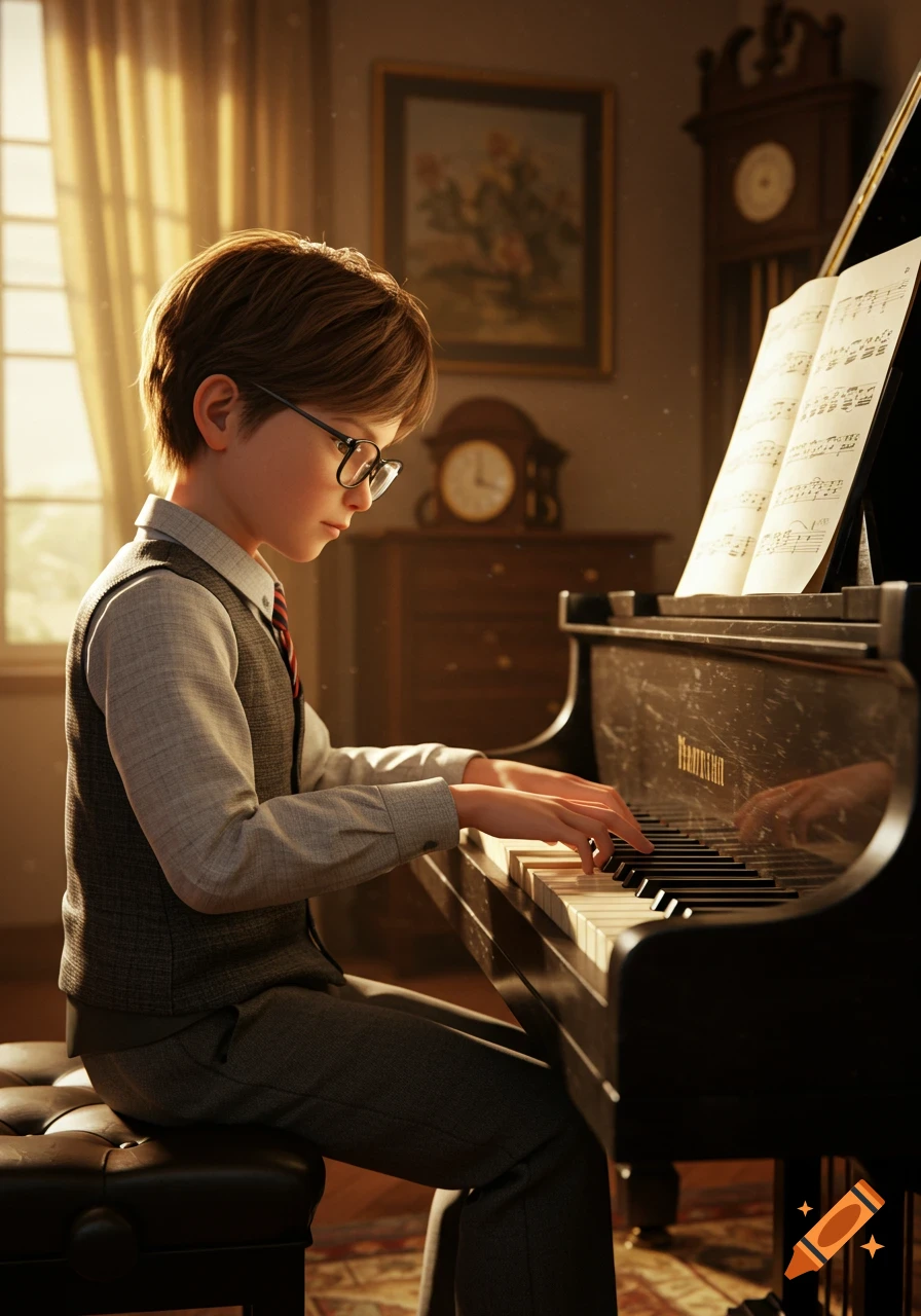 A young boy with glasses plays a grand piano in a sunlit room, viewed from the side, photorealistic.