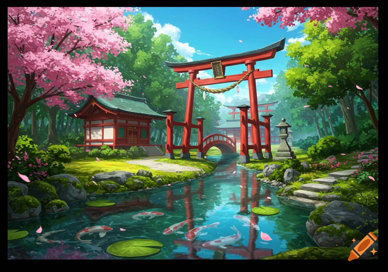 A vibrant anime-style Japanese landscape with a red torii gate, a shrine, a river with koi fish, and pink cherry blossom trees under a blue sky.