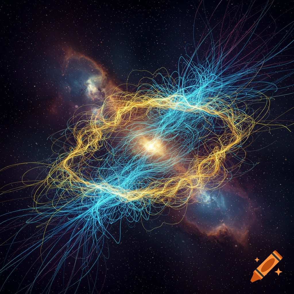 Abstract depiction of glowing blue and gold energy lines swirling in a cosmic space with stars and nebulas.
